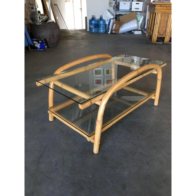 Mid-Century Modern 1950s Restored Two-Tier "Swoop Arch" Rattan Side Table With Glass Top For Sale - Image 3 of 9