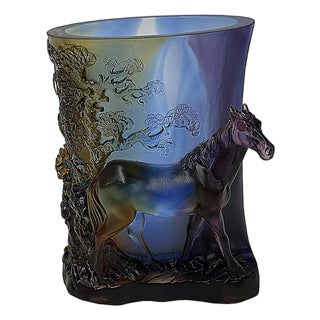 Crystal Glass Horse Theme Oval Brush Pot Vase Shape Mix Color Art Figure For Sale