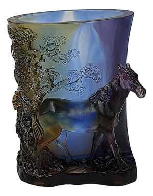 Crystal Glass Horse Theme Oval Brush Pot Vase Shape Mix Color Art Figure