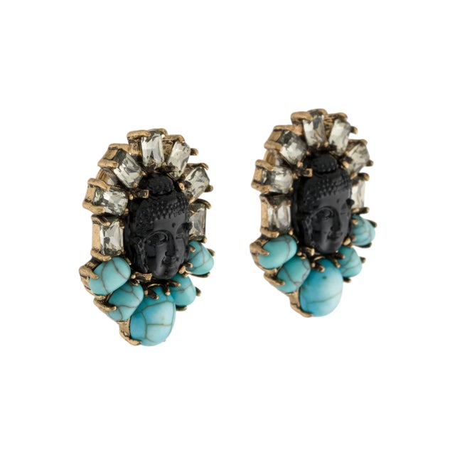 These striking Iradj Moini citrine, onyx and turquoise Buddha statement earrings feature hand-set smoky quartz-toned...
