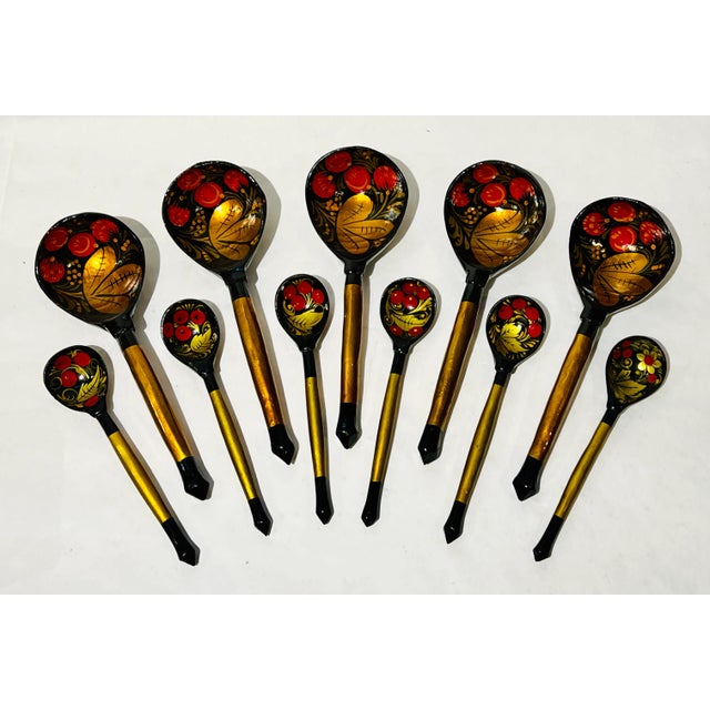 Black Vintage Khokhloma Hand-Painted Wood Lacquerware Serving Spoons - Set of 11 For Sale - Image 8 of 8