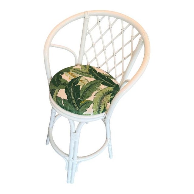 Set of Three Coastal White Rattan Swivel Counter Stools Banana Leaves Upholstery For Sale In West Palm - Image 6 of 6