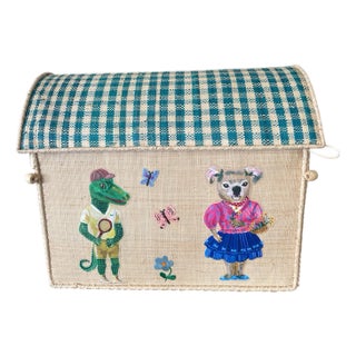 Whimsical Handcrafted Raffia Toy Box With Gingham Lid – Alligator & Koala Motif For Sale