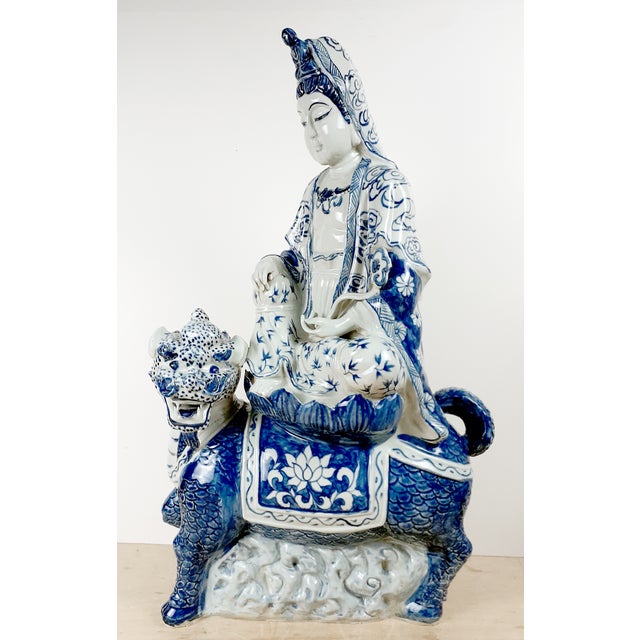 Chinese Chinese Blue and White Porcelain Seated Kuan Yin on a Qilin For Sale - Image 3 of 15