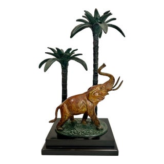 Vintage Maitland-Smith Style Patinated Bronze Elephant With Palm Trees Candelabra For Sale