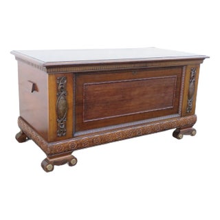 Early 20th Century Large Carved Bench Cedar Chest Blanket Trunk For Sale