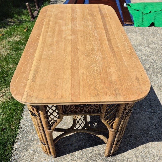 Early 20th C Signed Heywood-Wakefield Arts & Crafts Wicker Library Console Table Desk For Sale - Image 10 of 12