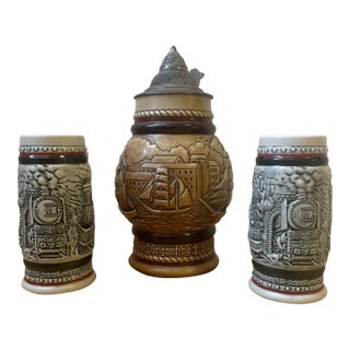 Vintage Avon Tall Ships Lidded Stein & Train Ceramic Mugs - Set of 3 For Sale
