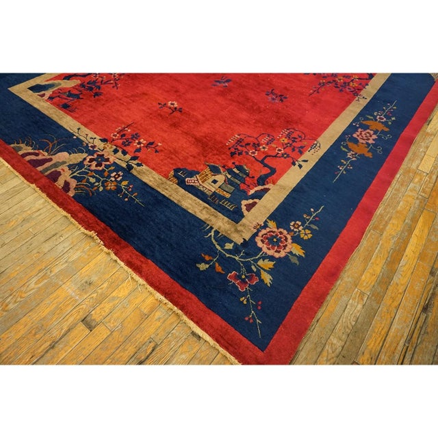 Textile 1920s Red Floral Antique Chinese Art Deco Rug 9' X 9'9'' Handknotted Wool Carpet For Sale - Image 7 of 9