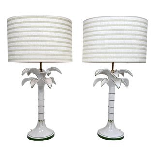 Italian Painted Ceramic and Brass Palm Tree Table Lamps from Tommaso Barbi, 1970s, Set of 2 For Sale