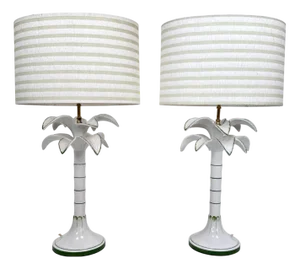 Italian Painted Ceramic and Brass Palm Tree Table Lamps from Tommaso Barbi, 1970s, Set of 2