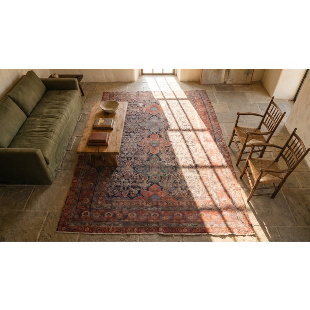 Textile 1750s Blue Navy Geometric Antique n.e Persian Rug 6'2" X 14'0" Knotted Wool Carpet For Sale - Image 7 of 9