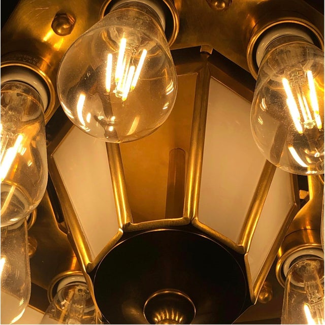 Brass Late 20th Century Ralph Lauren Art Deco Chandelier in Brass and Milk Glass For Sale - Image 8 of 10