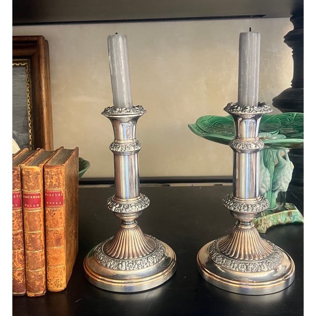 Antique Georgian Sheffield silverplate over coper candlesticks made in England in 1814 Stamped "T" in the style indicating...