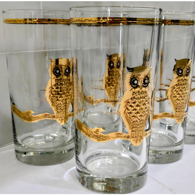 Culver Ltd. Vintage Hollywood Regency Culver Ltd. Set of 6 22k Gold Owl Highball Glasses - Set of 6 For Sale - Image 4 of 8