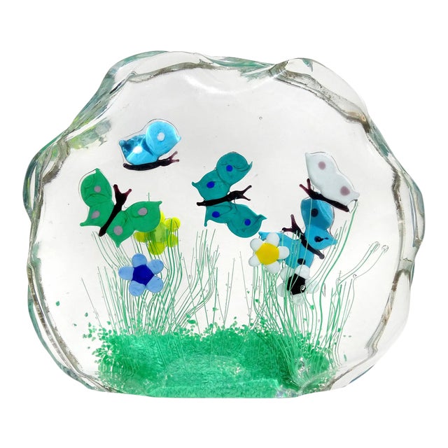 Murano Flying Butterfly Colorful Wild Flower Garden Scene Vintage Italian Art Glass Block Sculpture For Sale