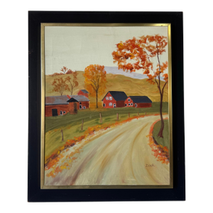 1970’s Vintage Zook Impressionist Autumn Farmhouse Landscape Oil on Canvas Painting – Possible Work by Amish-Born Artists Aaron Zook