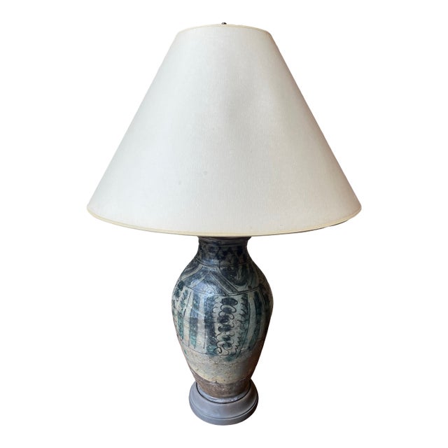 American Art Pottery Table Lamp With Original Shade For Sale