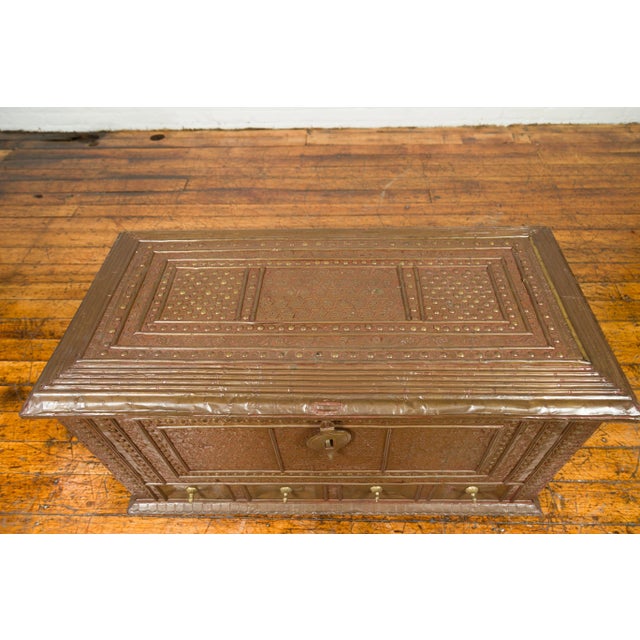 Indian Antique Indian Blanket Chest with Bronze Sheathing, Geometric Patterns and Studs For Sale - Image 3 of 13
