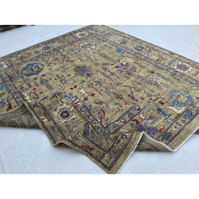 Camel 8'4" X 10' Serapi Heriz Design Carpet, Camel and Blue For Sale - Image 8 of 10