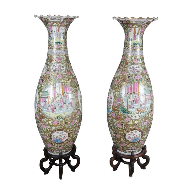 Rare pair of two monumental antique Chinese Qing Dynasty palace urns or temple vases, circa 1900s. Made of porcelain...