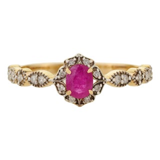 Oval Cut Ruby & Diamond Floral Halo Vintage Ring Size 6 in 14k Yellow Gold For Sale