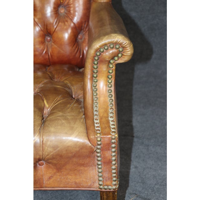 Brown Pair Antique Georgian Leather Chesterfield Style Tufted Wingback Chairs For Sale - Image 8 of 8