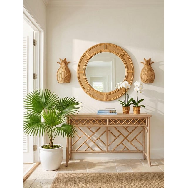 Wood Pair of Vintage Palm Beach Style Woven Rattan Pineapple Wall Sconces For Sale - Image 7 of 11