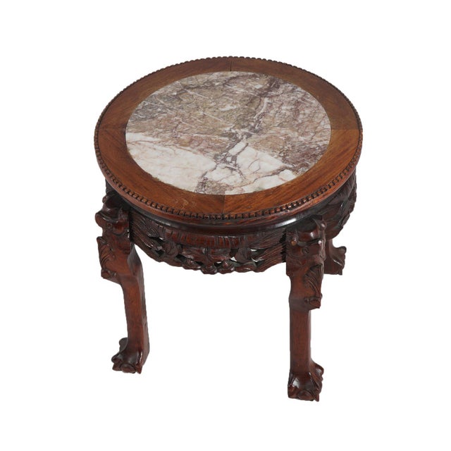 Early 20th Century Chinese Deeply Carved Hardwood & Inset Marble Round Plant Stand For Sale - Image 4 of 8