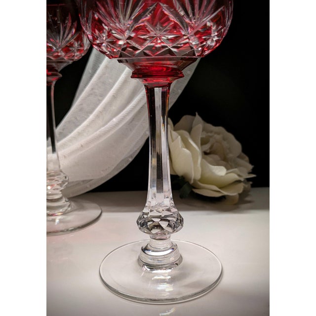 1920s Vintage Saint-Louis Crystal Massenet Cranberry Cut to Clear Hock Wine Glasses, Pair For Sale - Image 5 of 8