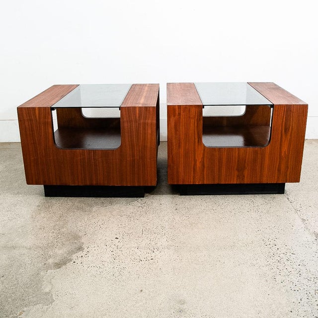 Unique lane side tables / nightstands with unique smoked glass shelf in the center and single drawer below. Walnut...