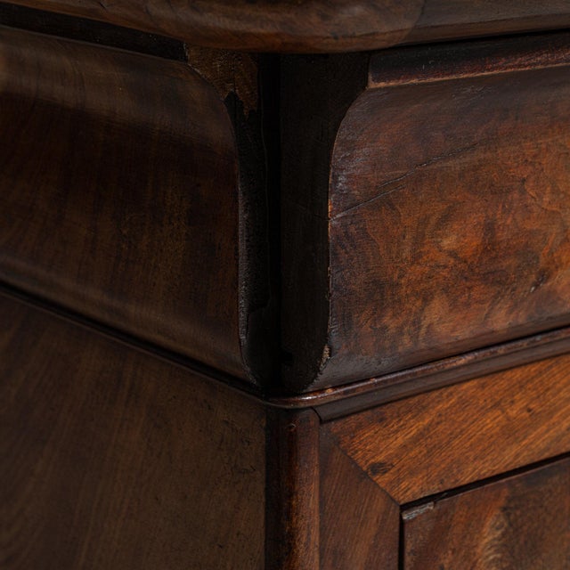 French 19th Century France Rich Walnut Brown Flame-Veneer Marble-Top Chest For Sale - Image 3 of 11
