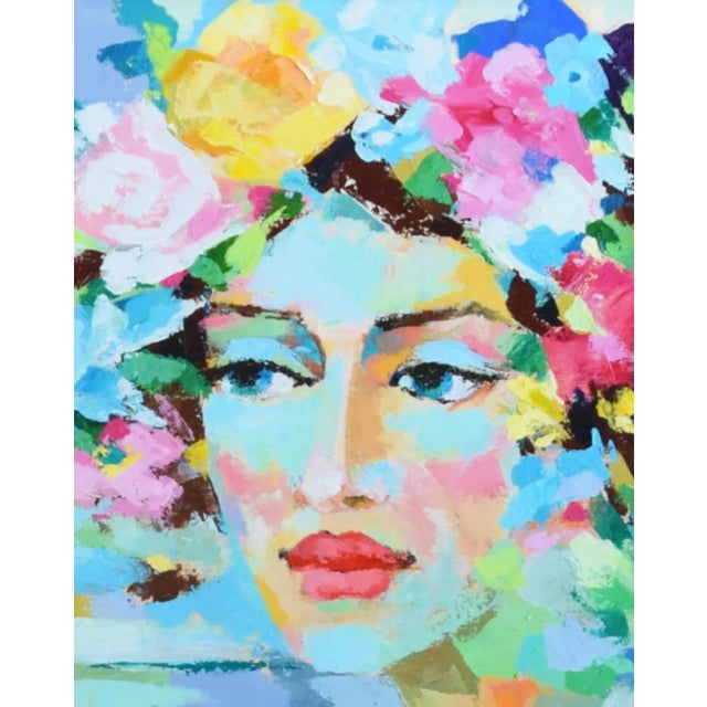 Dreamy Floral Lady Portrait Oil Painting W/ Antiqued Gold Wood Frame For Sale - Image 4 of 9