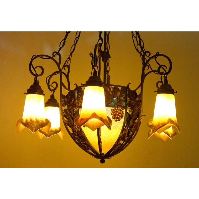 Art Deco Wrought Iron Pate de Verre Glass Chandelier, France, 1990s For Sale - Image 14 of 18