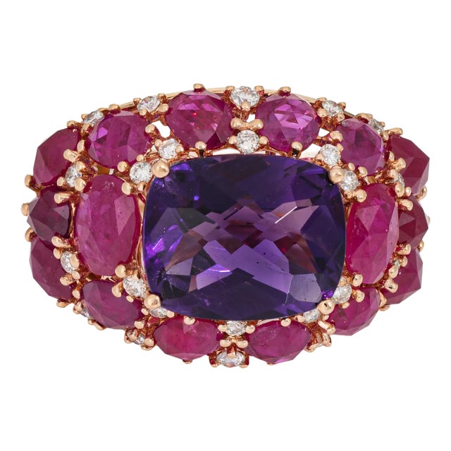 Amethyst Ruby Diamond Ring Size 5.5 Estate 18k Rose Gold Band Gemstone Jewelry For Sale