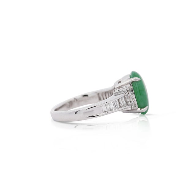 Green Certified 4.17 Carat Untreated Jadeite Jade and Baguette Diamond Platinum Ring For Sale - Image 8 of 10