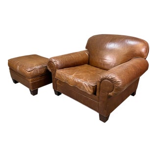 Ralph Lauren Oversized Brown Leather Club Lounge Chair & Ottoman For Sale