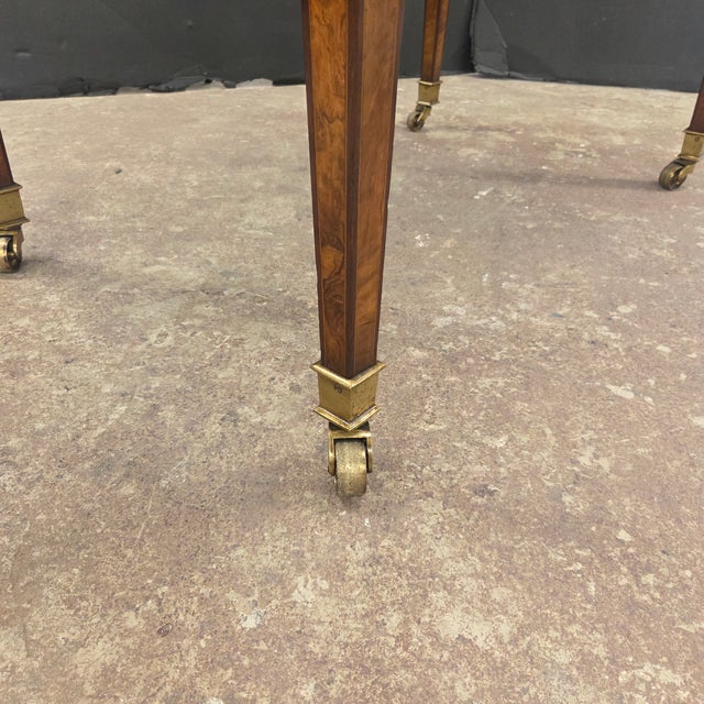 Mid 19th Century Regency Walnut & Rosewood Inlaid Table W/2 Drawers, Brass Beading, Ornate Handles, on Square Tapered Legs on Brass Casters For Sale - Image 9 of 15