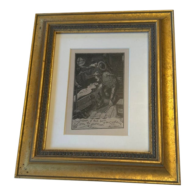 Gold Framed Vintage French Etching Illustration Print - “The Shape of This Box... Drew the Attention of the Captain” (Reproduction) - Anatole France For Sale
