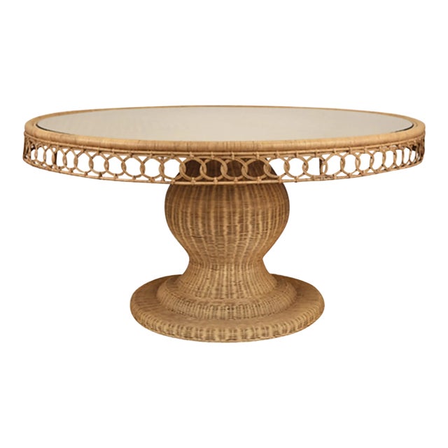Matthew Izzo Home Gabrielle 60" Woven Rattan Pedestal Dining Table With Glass Top For Sale