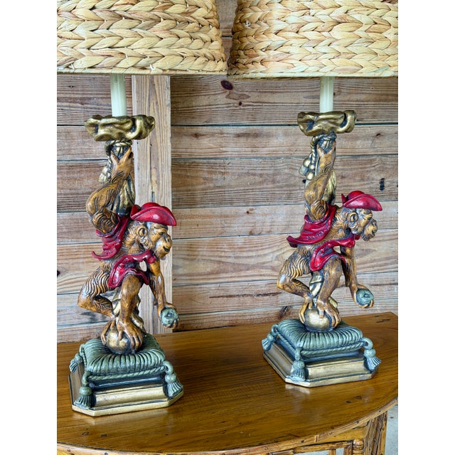 Late 20th Century Late 20th Century Pair of Wildwood Figural Monkey Table Lamps With Woven Seagrass Shades For Sale - Image 5 of 12
