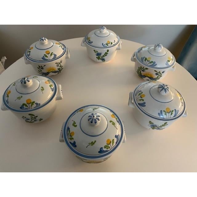 Wonderful opportunity to own set of six Pierre Deux "Moustiers" style mini tureens. Each tureen holds a pint of liquid....