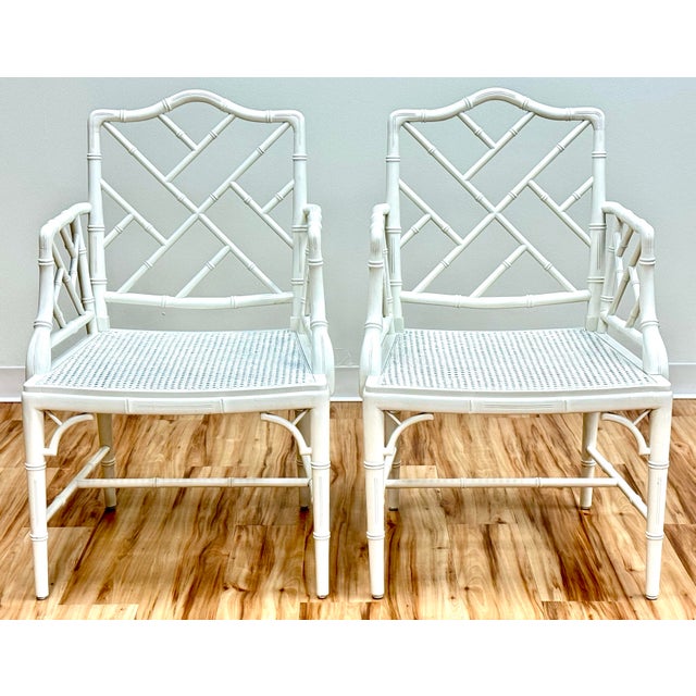 Vintage White Faux Bamboo Chinese Chippendale Arm Chairs, a Pair For Sale - Image 4 of 10