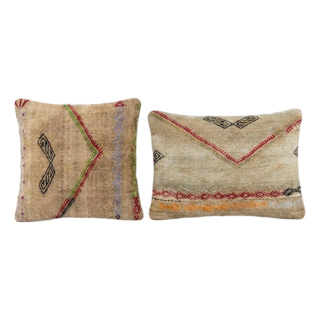 Anatolian Kilim Lumbar Pillow Cover 16'' X 16'' & 14'' X 20'' - Set of Two For Sale