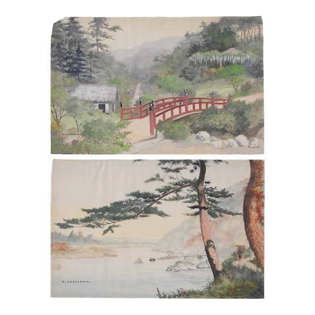 Early 20th Century Japanese Watercolor Landscape Paintings - A Pair For Sale