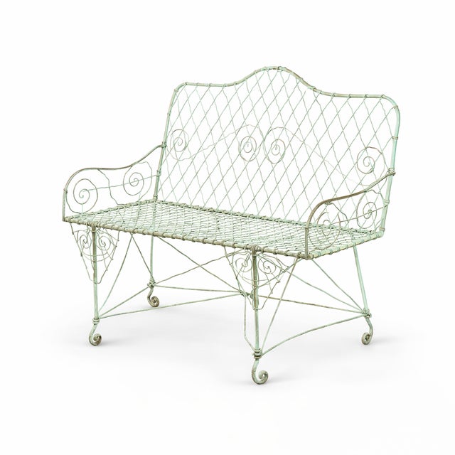 Vintage Wrought Iron Garden Loveseat – Mint Green Patina, Victorian Style For Sale In Los Angeles - Image 6 of 7