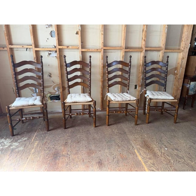 Vintage Early American French rustic Style high ladder back rush seat side chairs Solid wood frame, turned legs Sturdy and...