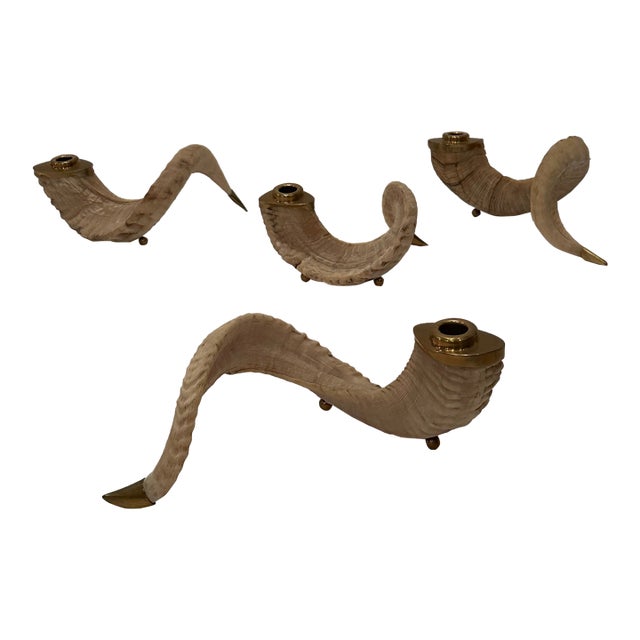 Vintage Curly Ram Horn and Brass Candlesticks -Set of 4 For Sale