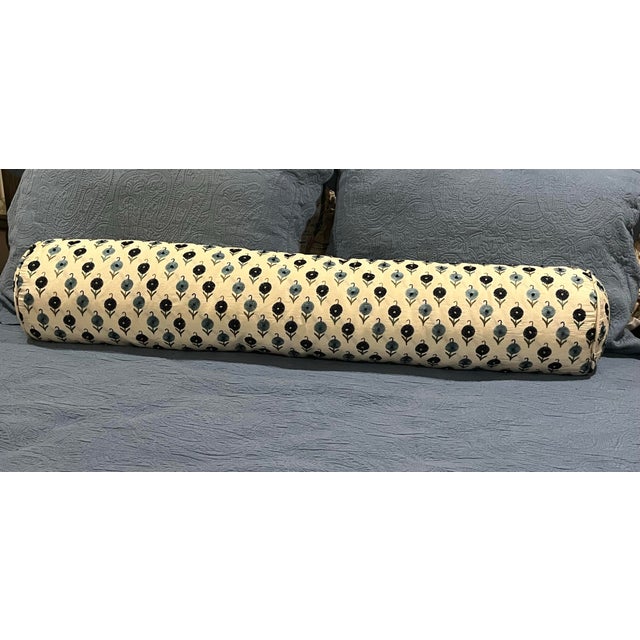 2020s Bolster Pillow With Schumacher Avodica Embroidery Aegean Fabric For Sale - Image 5 of 5