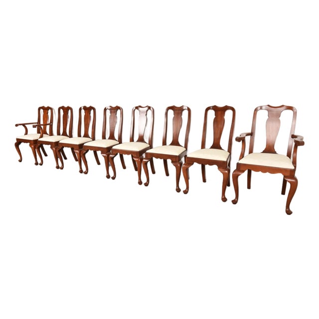 Henkel Harris Queen Anne Solid Cherry Wood Dining Chairs, Set of Eight For Sale